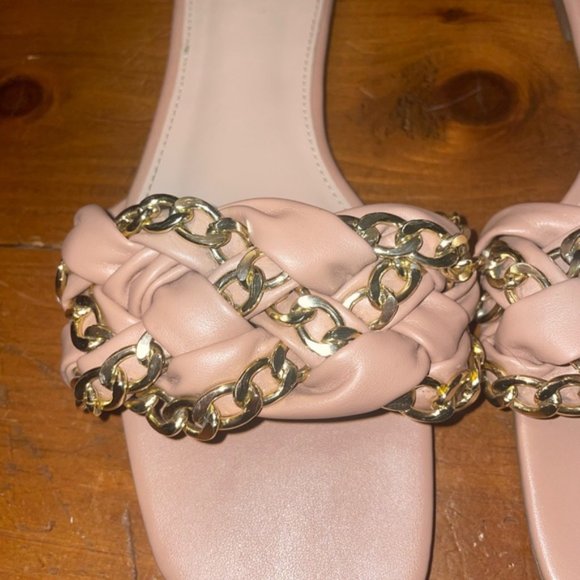 Nude Gold Chain Quilted Braided Slip On Sandals Flats Shoes - Picture 3 of 9